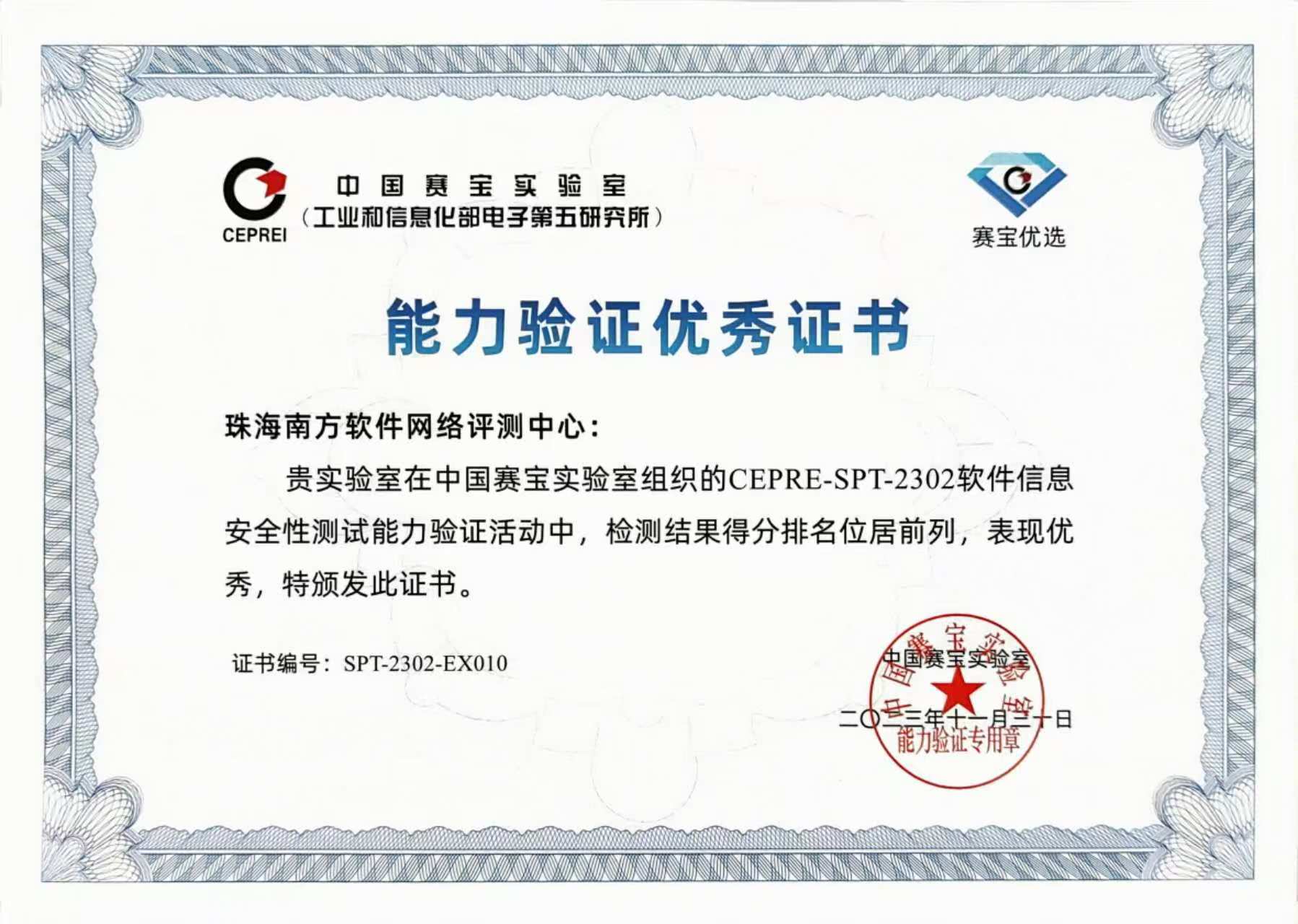 软件信息安全性测试能力验证优秀证书